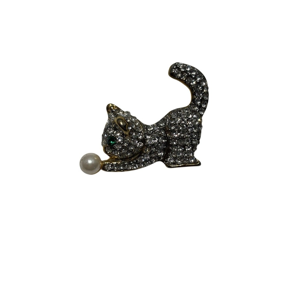 Vintage Gold Tone Rhinestone Green Eye Faux Pearl Playing Kitten Cat Brooch Pin
